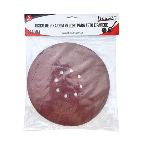 DISCO DE LIXA 225 MM COM VELCRO #180 8 FUROS P/TETO PCT 5 PEÇAS HESSEN