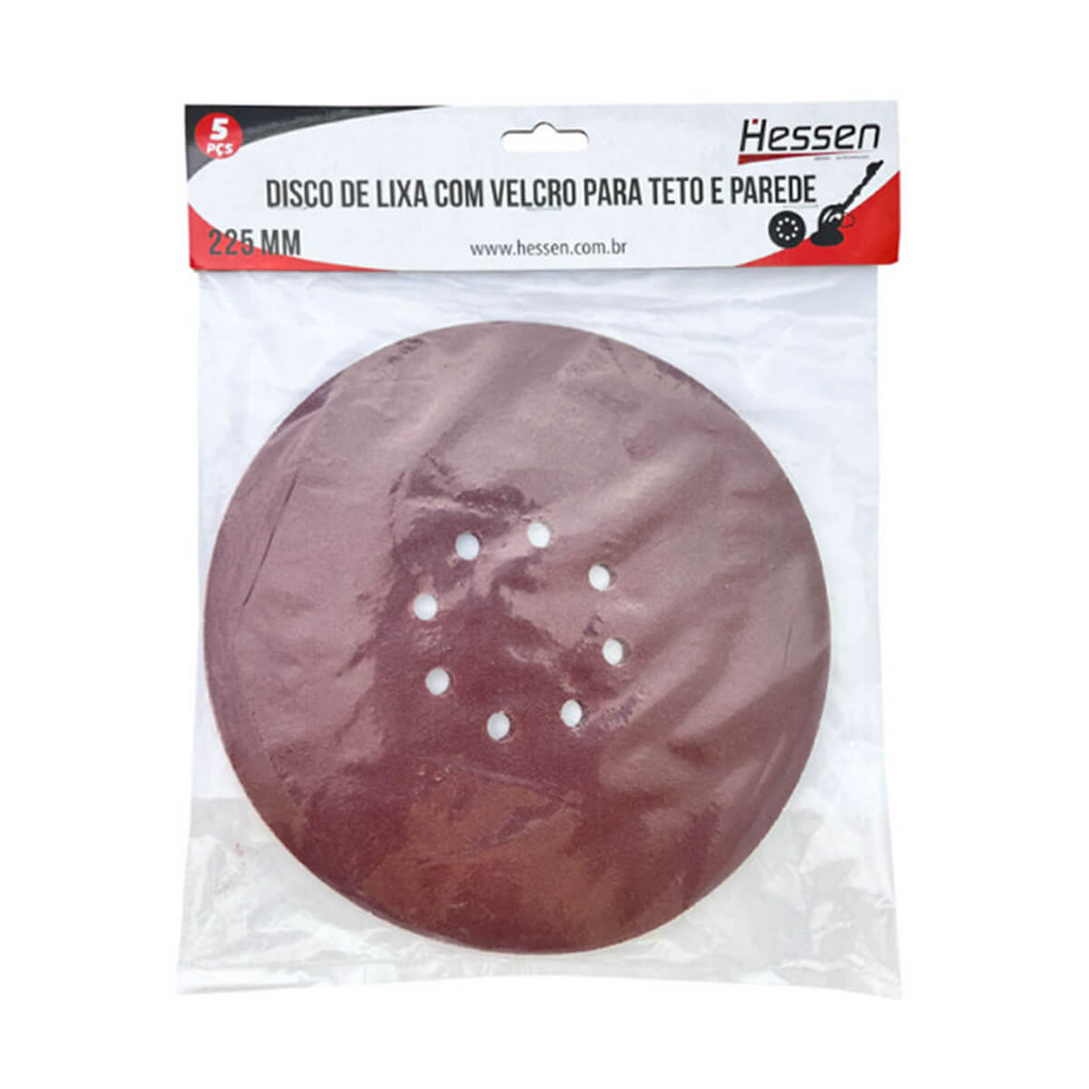 DISCO DE LIXA 225 MM COM VELCRO #180 8 FUROS P/TETO PCT 5 PEÇAS HESSEN